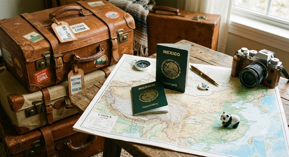 Pasaportes mexicanos sobre un mapa de China, maletas de viajje, cámara fotográfica y un panda pequeño de peluche